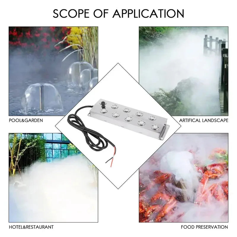 10 Head Ultrasonic Mist Maker with 12V Power for Greenhouse & Hydroponics