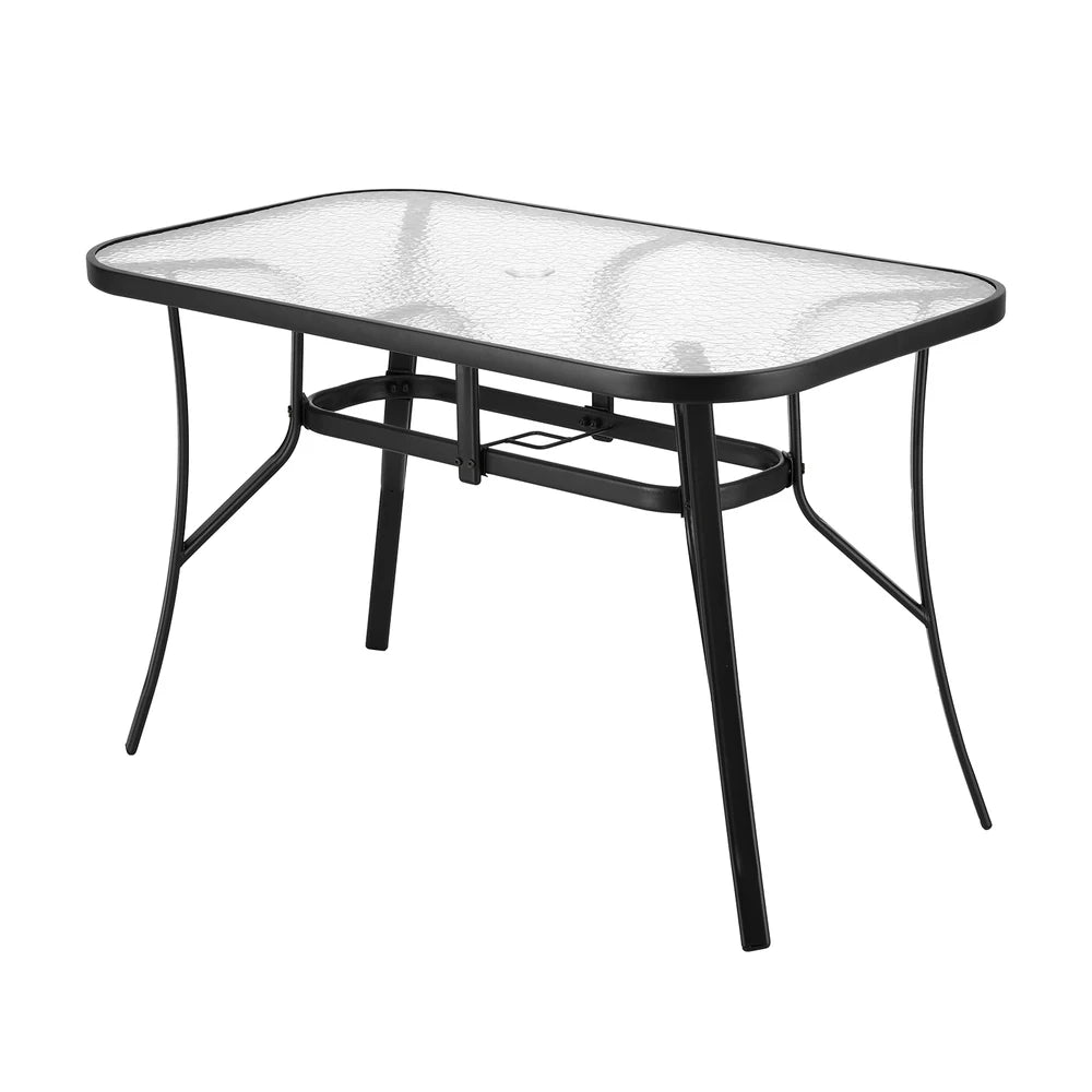Outdoor Glass Dining Table 120cm with Parasol Hole & Anti-Slip Feet – Black