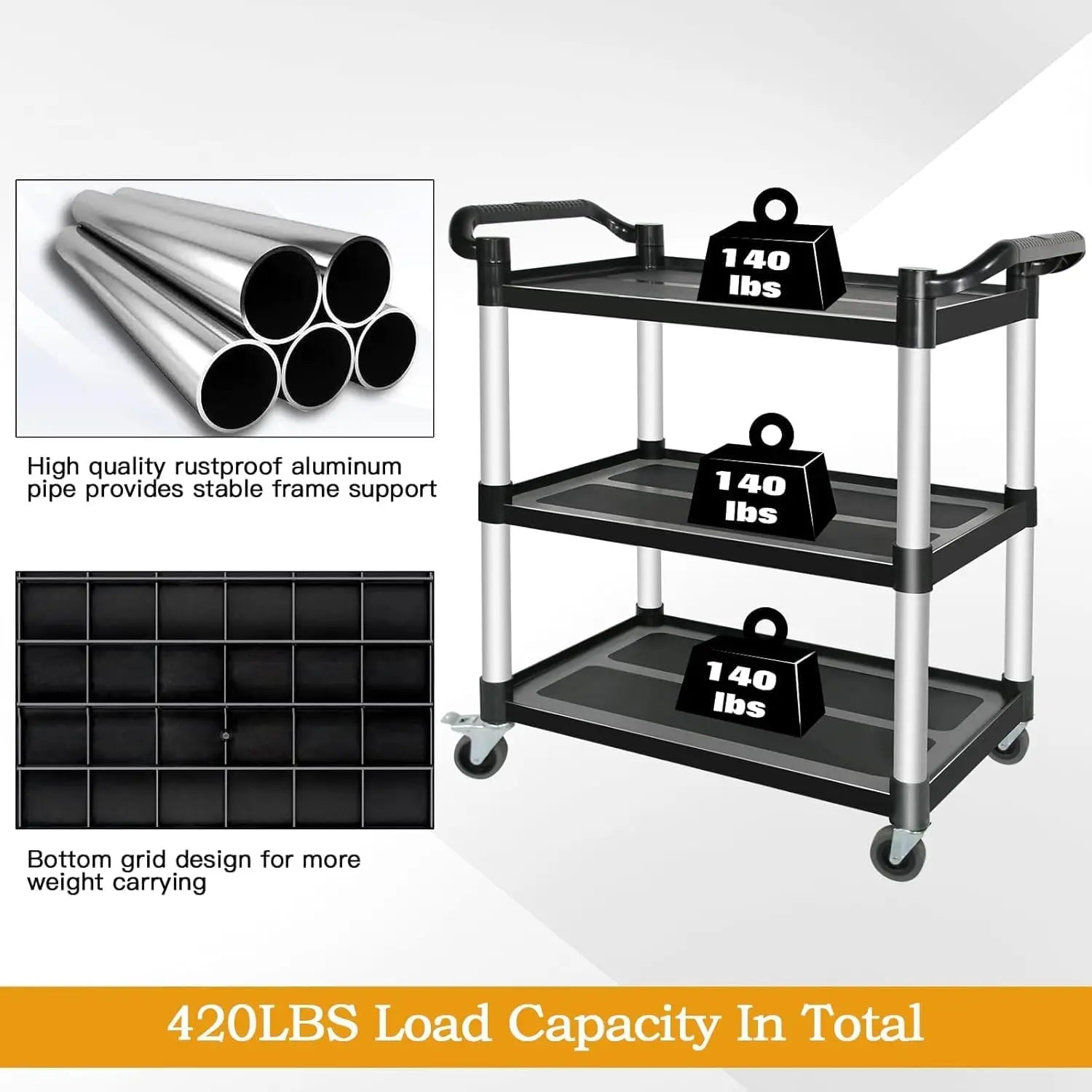 Heavy-Duty Catering Trolley with 3 Spacious Shelves for Restaurant and Kitchen Black