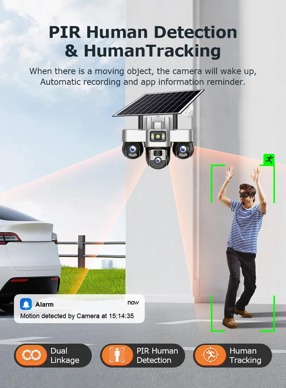 Outdoor 4G Rechargeable Solar Camera 15MP HD Triple Lens with Motion Tracking & Zoom