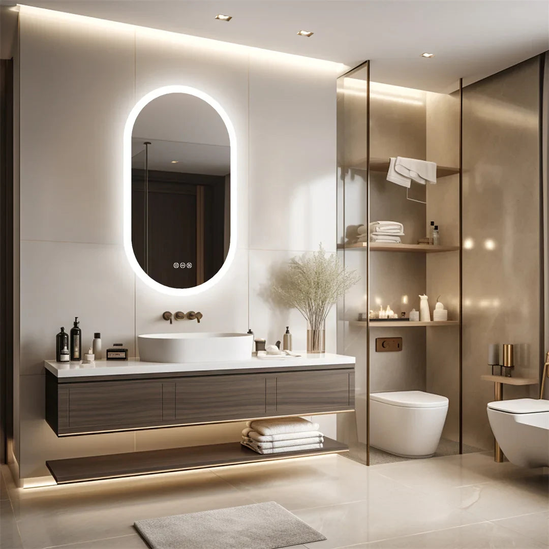 Oval LED Bathroom Mirror with 3-Color Lighting and Anti-Fog