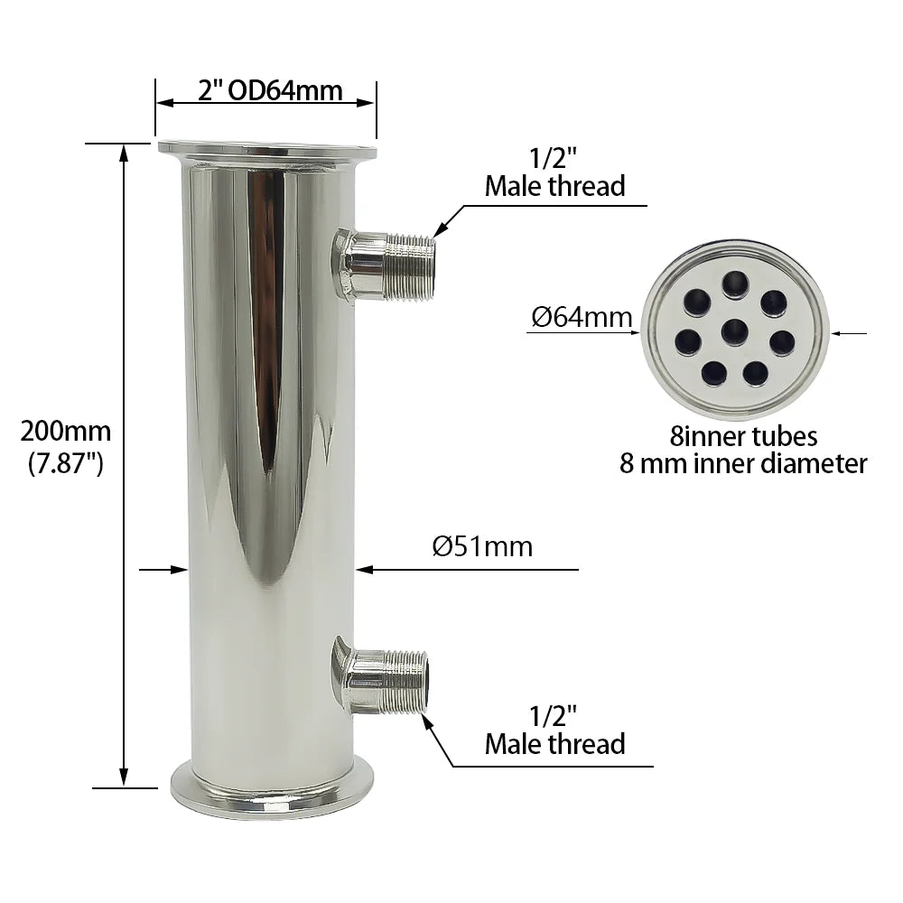 2-Inch Stainless Steel Reflux Condenser 8-Tube Cooling, 200mm, 304 Steel, Tri-Clamp Fitting