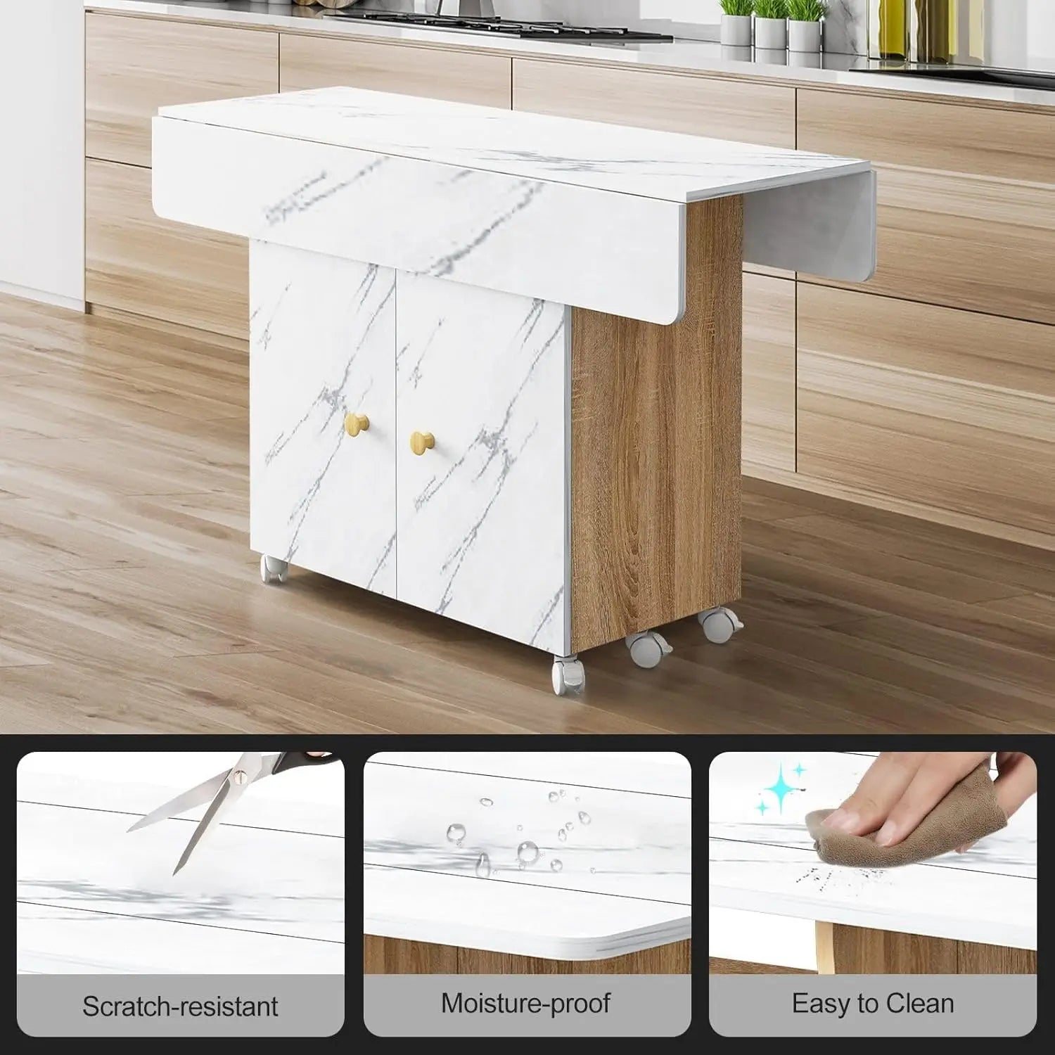 Extendable Folding Dining Table with Open Shelf and Hidden Cabinet Marble White