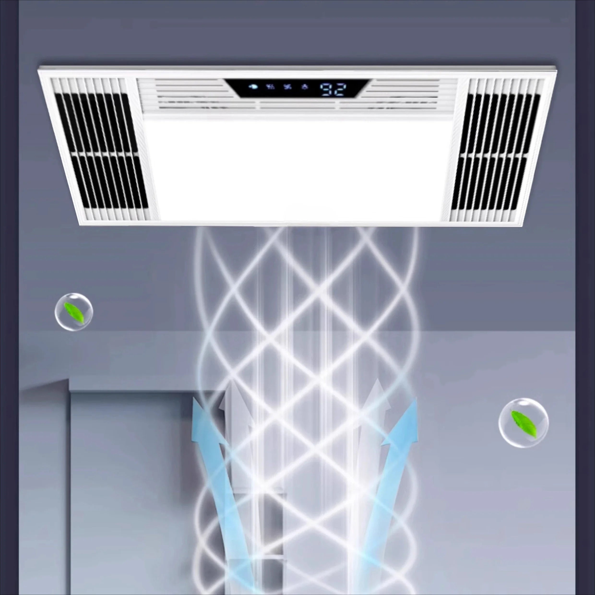 Integrated Bathroom Ceiling Fan with Light, Ventilation & Powerful Heater Push button silver