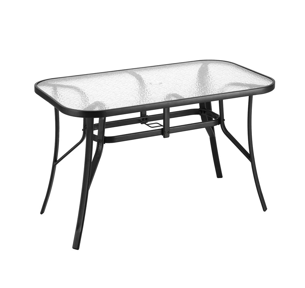Outdoor Glass Dining Table 120cm with Parasol Hole & Anti-Slip Feet – Black