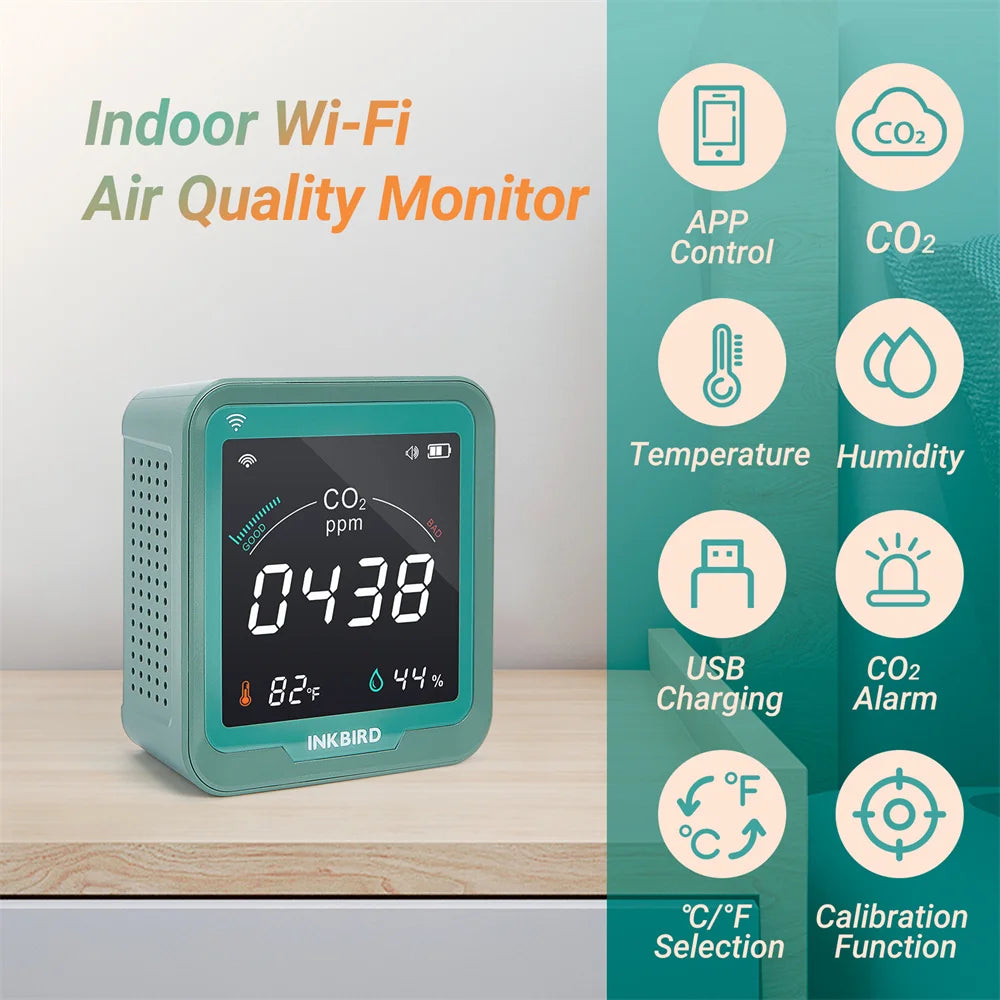 Portable Wireless CO2 Meter with App, Temp & Humidity Monitor – For Home, Car, Greenhouse Use