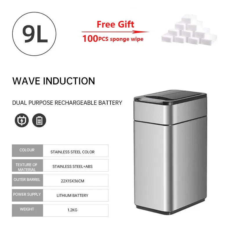 9L Smart Induction Kitchen Trash Bin with Rollers