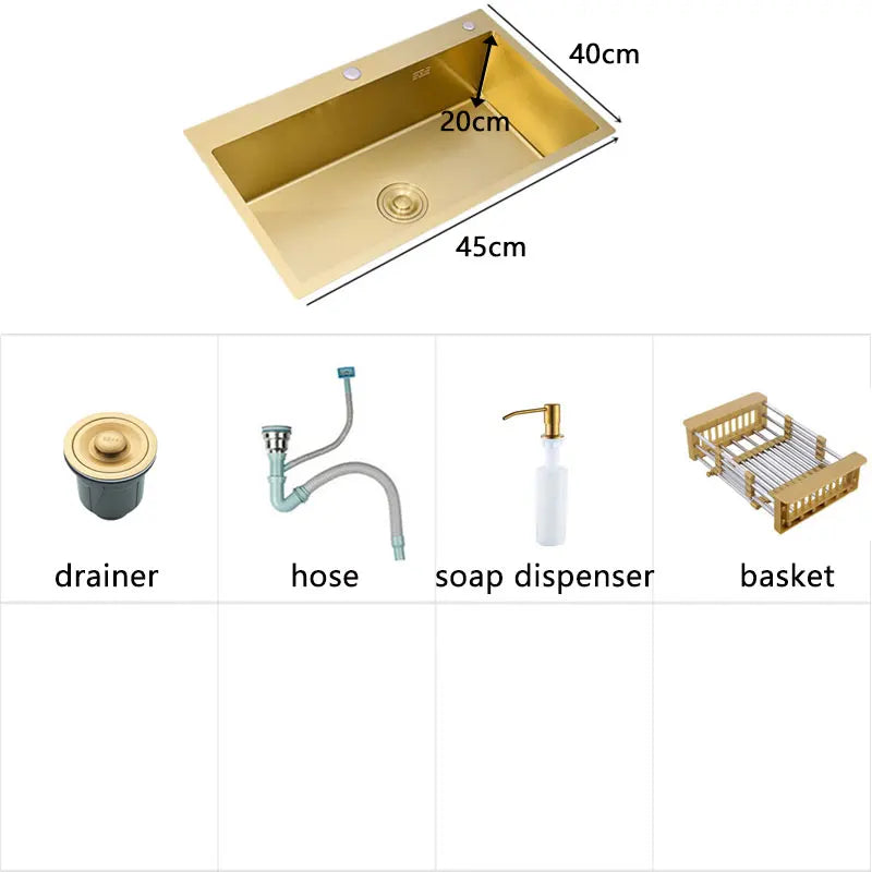Gold Stainless Steel Kitchen Sink with Soap Dispenser and Drainer