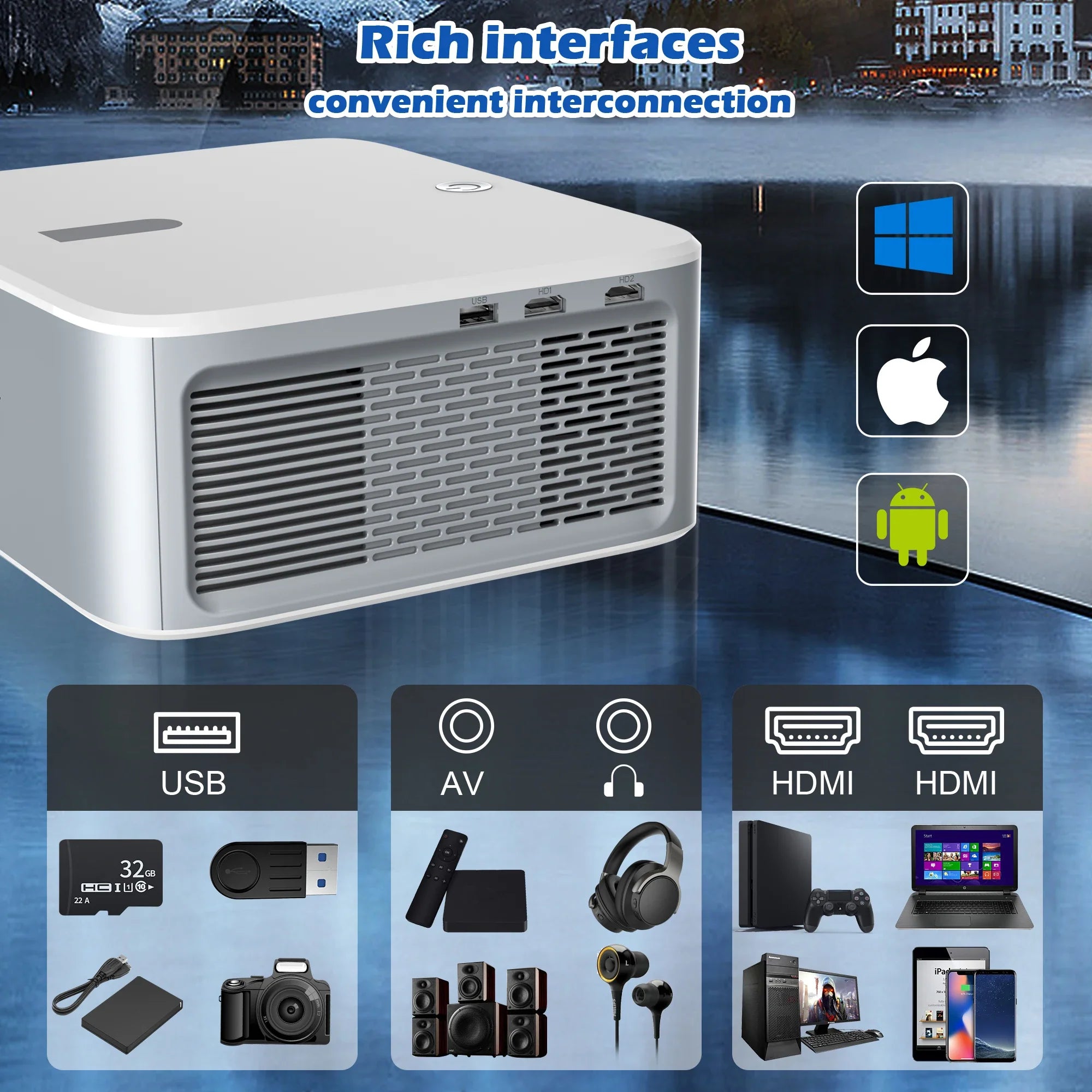 Smart Home Theater Projector with Auto Focus and Bluetooth