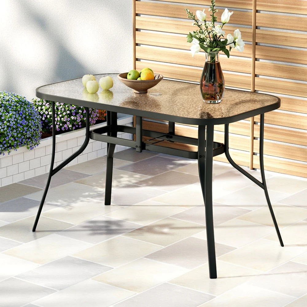Outdoor Glass Dining Table 120cm with Parasol Hole & Anti-Slip Feet – Black