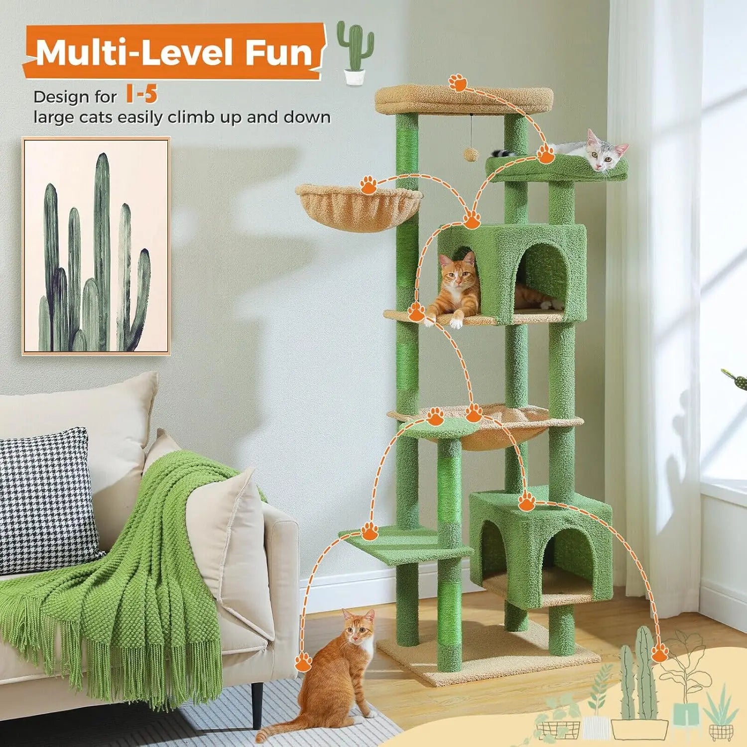 175cm Multi-Level Cactus Cat Tree with Cozy Condos and Sisal Scratching Posts