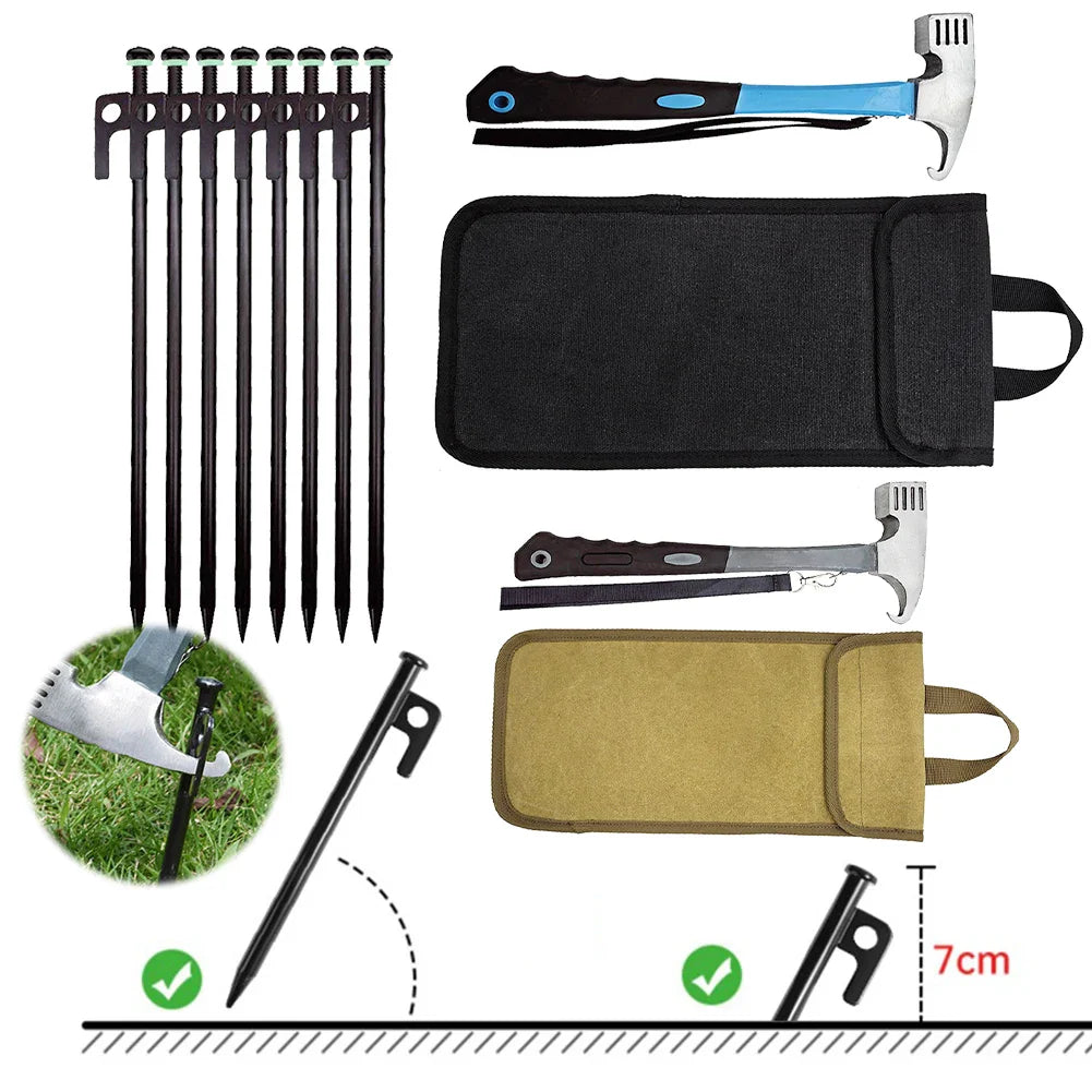 8-Piece Heavy Duty Tent Pegs Kit with Hammer – Khaki