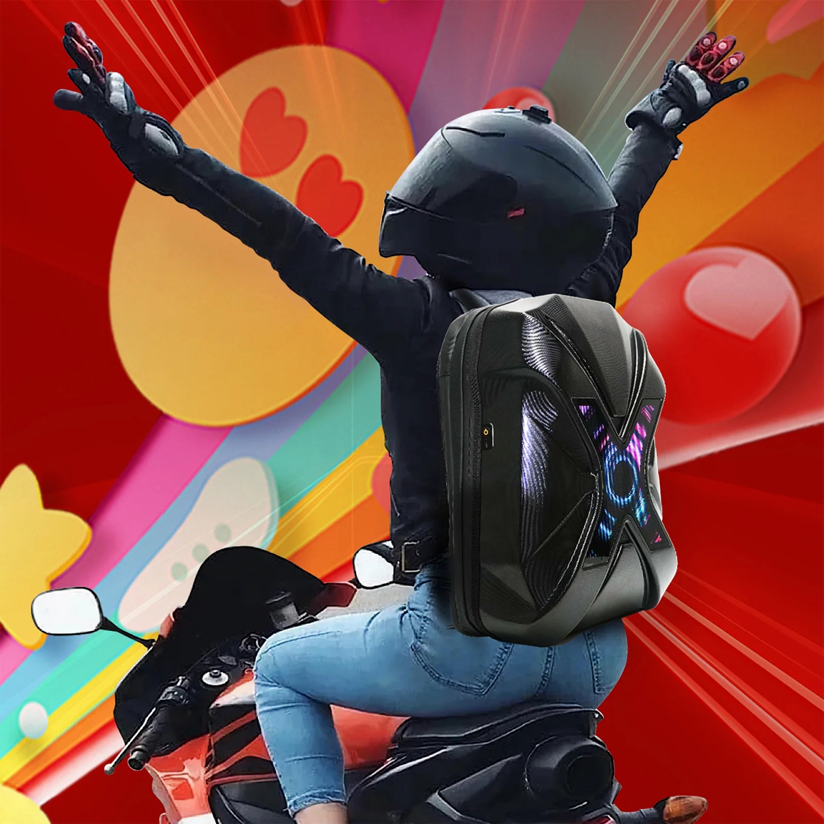 Rechargeable LED Display Motorbike Backpack Waterproof, Helmet Holder, Outdoor Cycling Bag