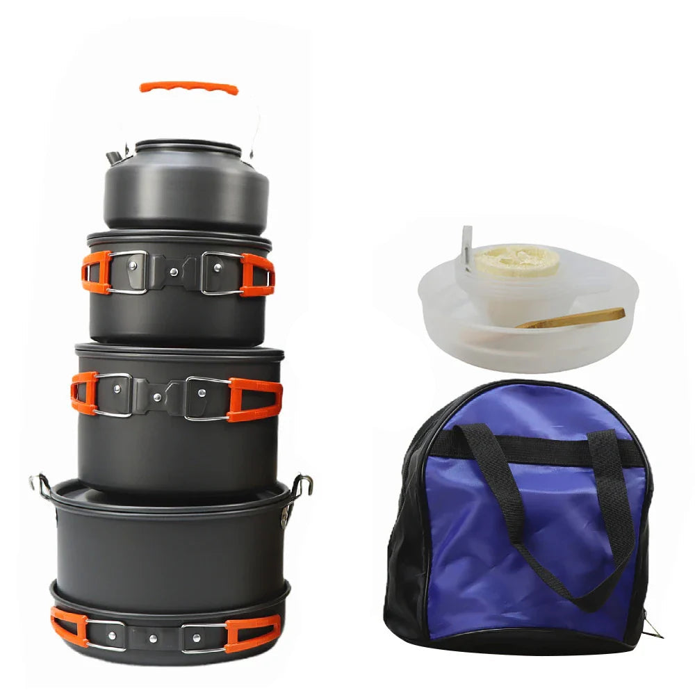 Portable Camping Cookware Set with Kettle, Pots, Utensils, Tableware