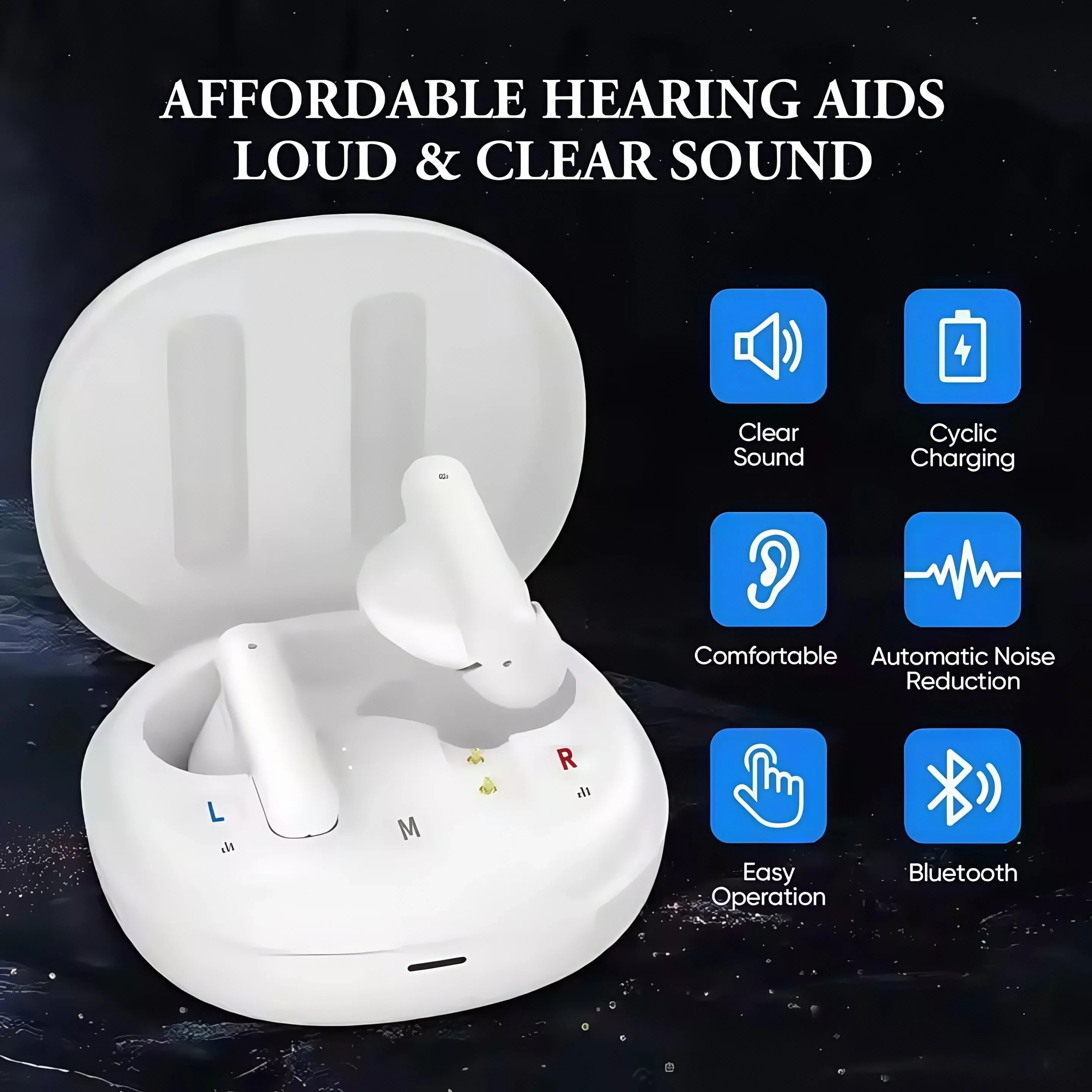 Digital Hearing Aid with Bluetooth, 25H Battery & 4 Sound Modes – Black