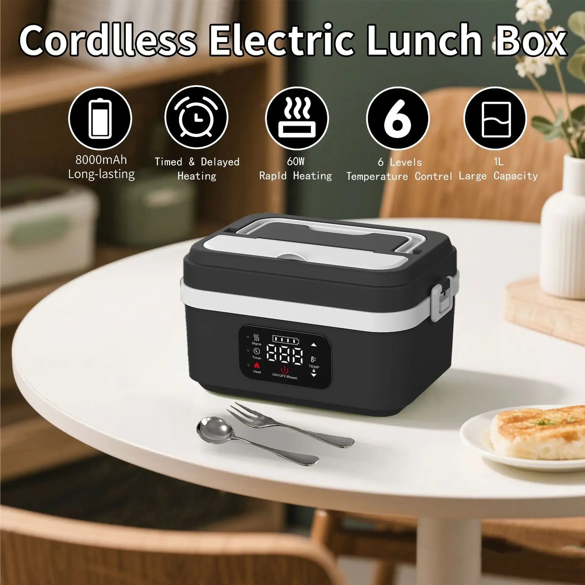 Portable 8000mAh Heated Lunch Box with Smart Food Warming for Work School or Travel