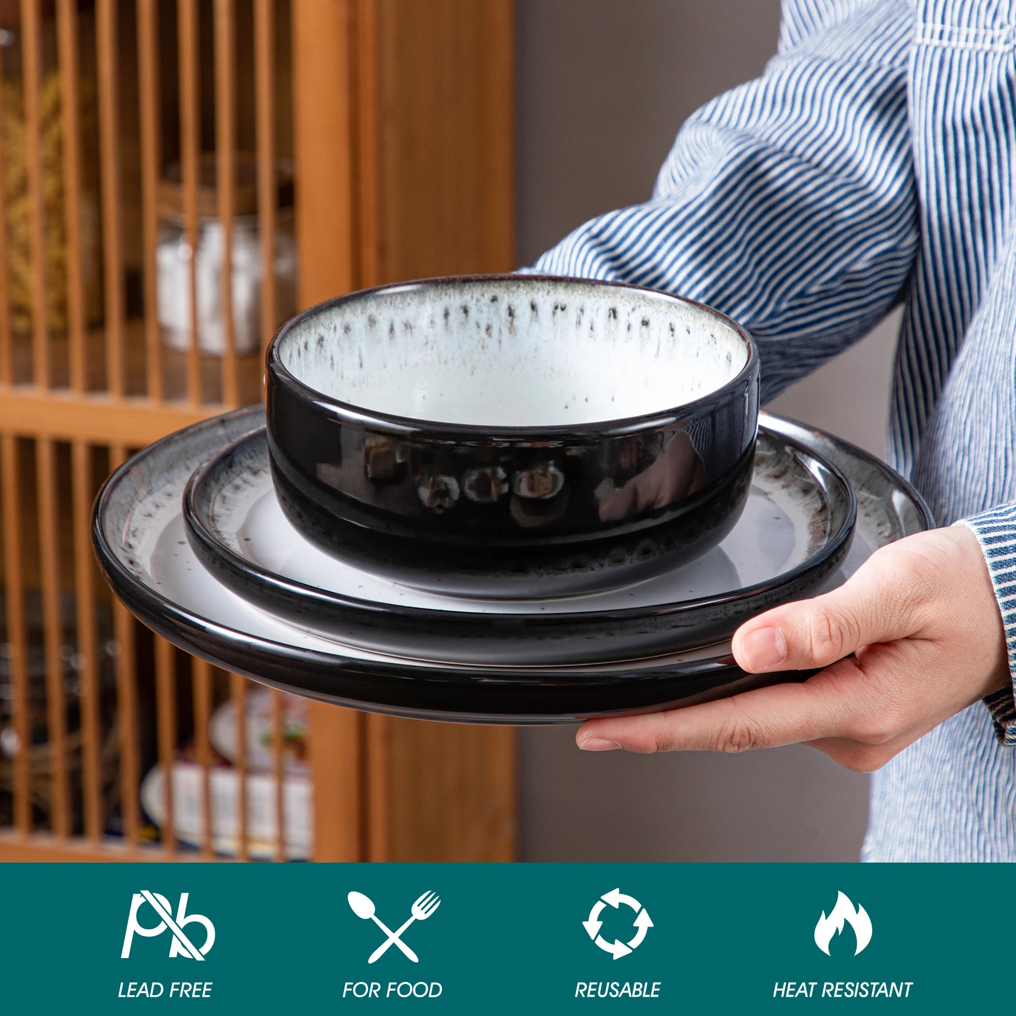 18-Piece Ceramic Dinnerware Set Black & White Plates and Bowls for 6 People