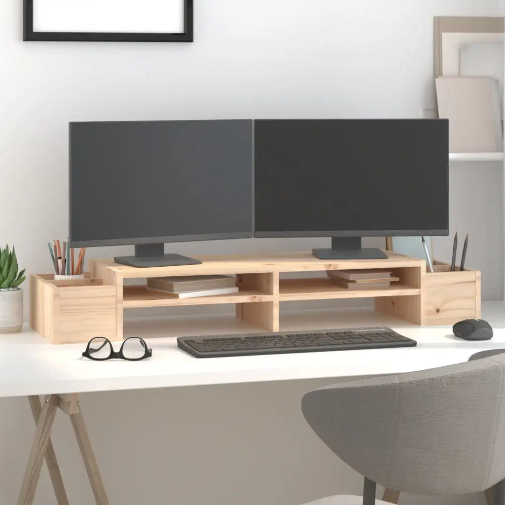 100cm Solid Pine Wood Monitor Stand with Storage Slots & Riser Shelf