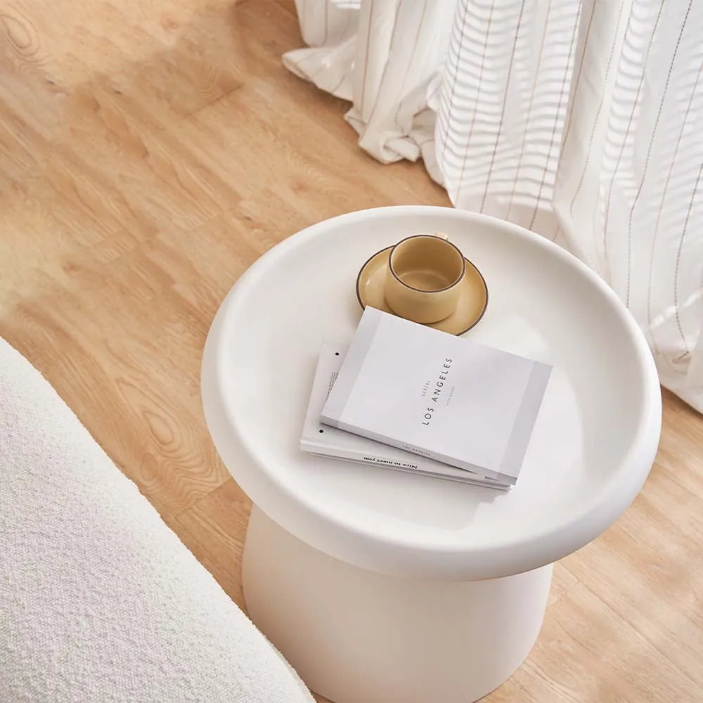 50cm Round Mushroom Coffee Table – White, Modern Pedestal Side Table