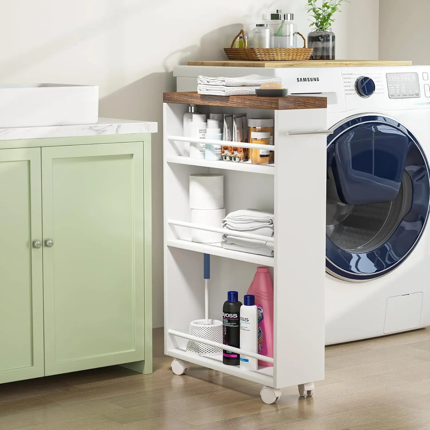 Slim Rolling Storage Cart with 3 Shelves and Lockable Wheels for Kitchen, Laundry and Bathroom White