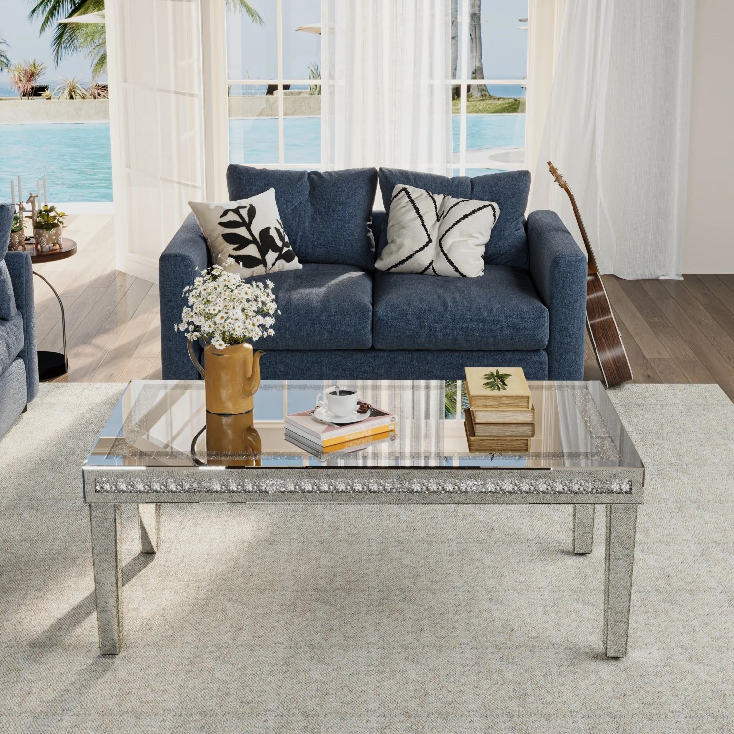 120cm Rectangular Mirrored Coffee Table with Crystal Inlay – Silver Accent Centrepiece