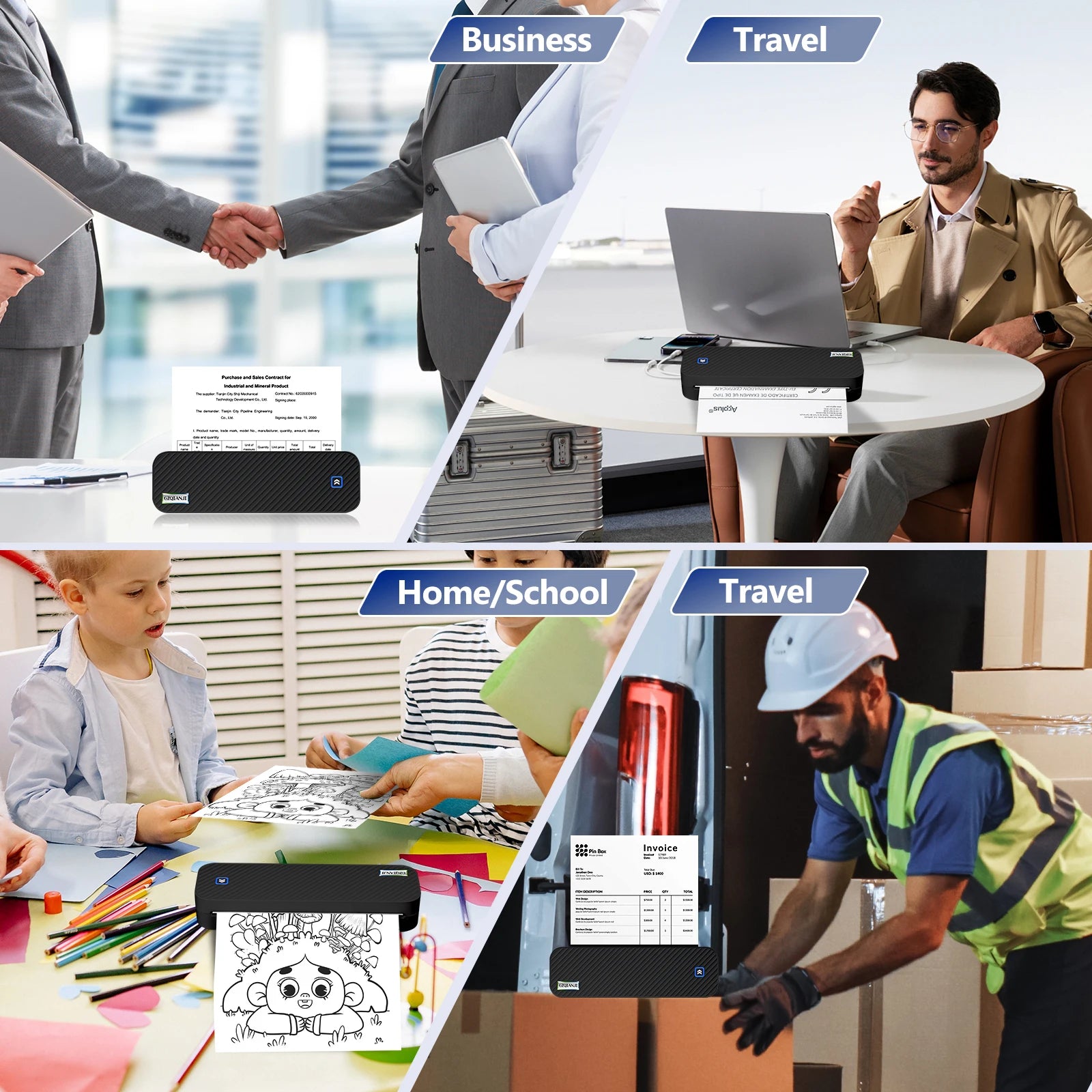 Rechargeable Wireless A4 Thermal Printer Inkless, Lightweight, BK for Home & Office