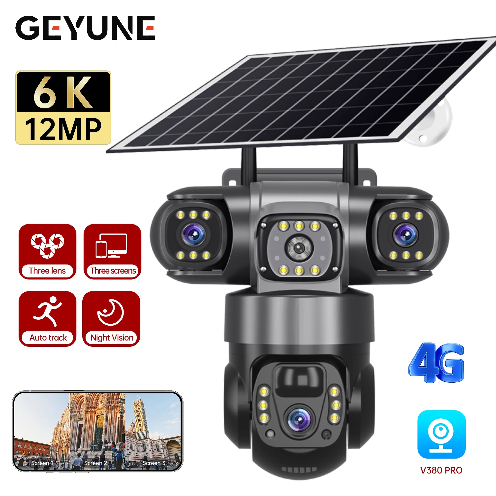 Solar 4G Outdoor Camera 64G 12MP 3-Lens, 10X Zoom, 8000mAh Battery, Remote Access