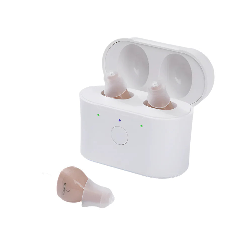 Compact CIC Hearing Amplifiers with Charging Case – 30hr Battery Skin