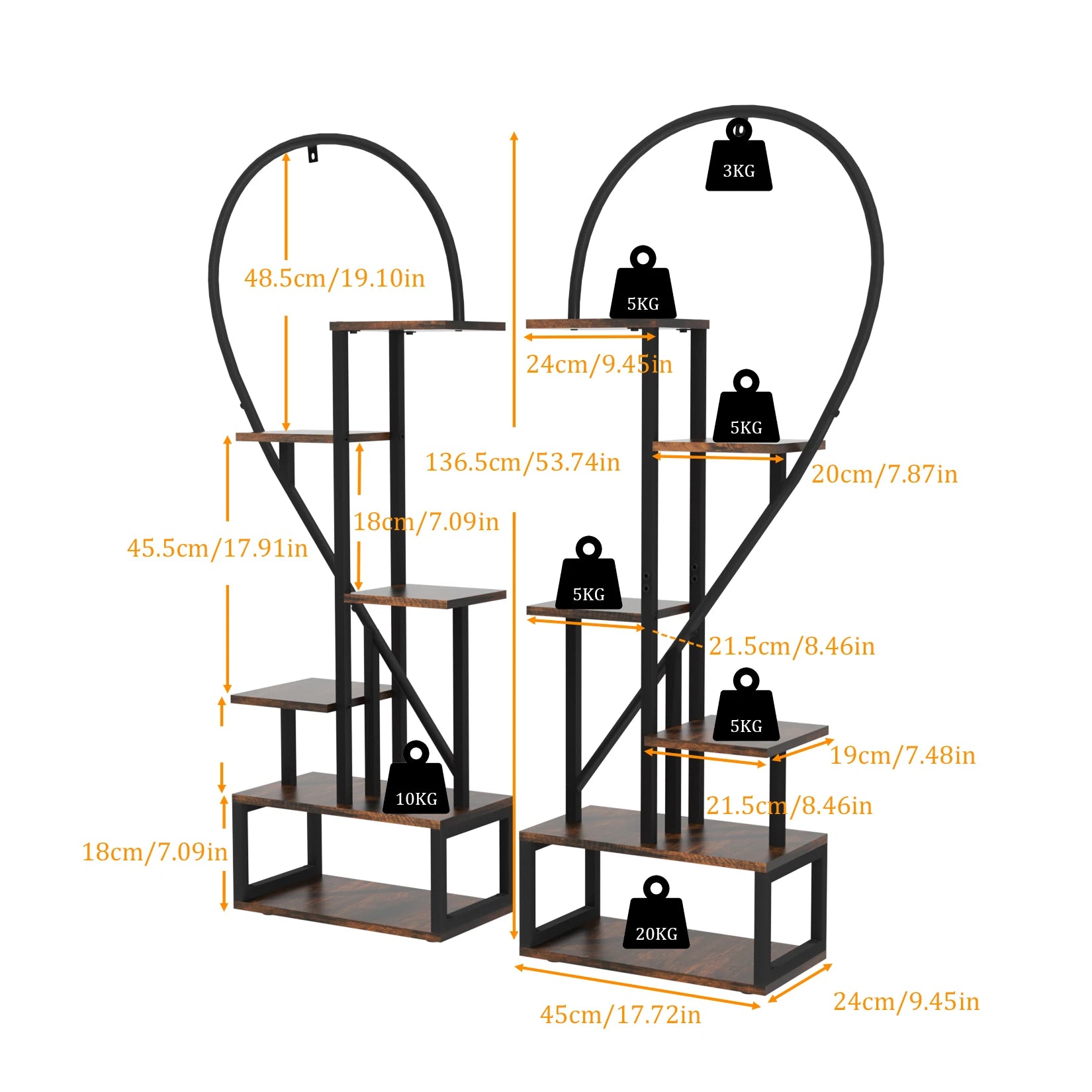 Black Multi-Tier Plant Rack Convertible Heart-Shaped Indoor/Outdoor 2-Piece Display Shelf Set
