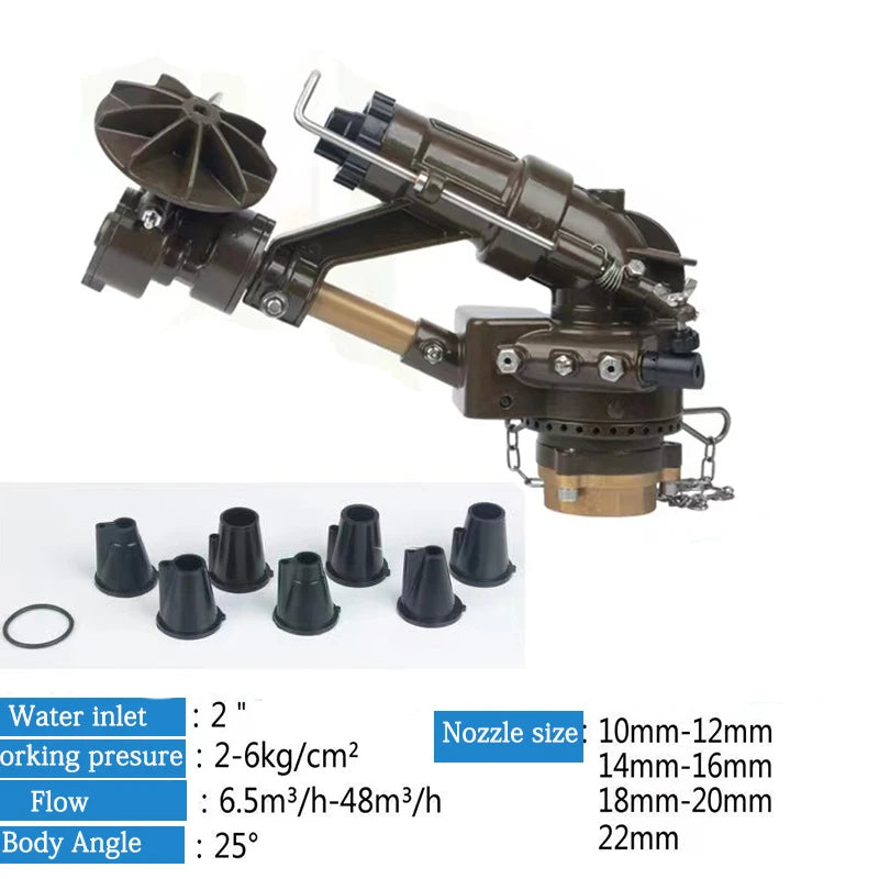 2" Long-Range Agricultural Sprinkler 360° Automatic Gear Drive, Heavy Duty Metal Rain Gun