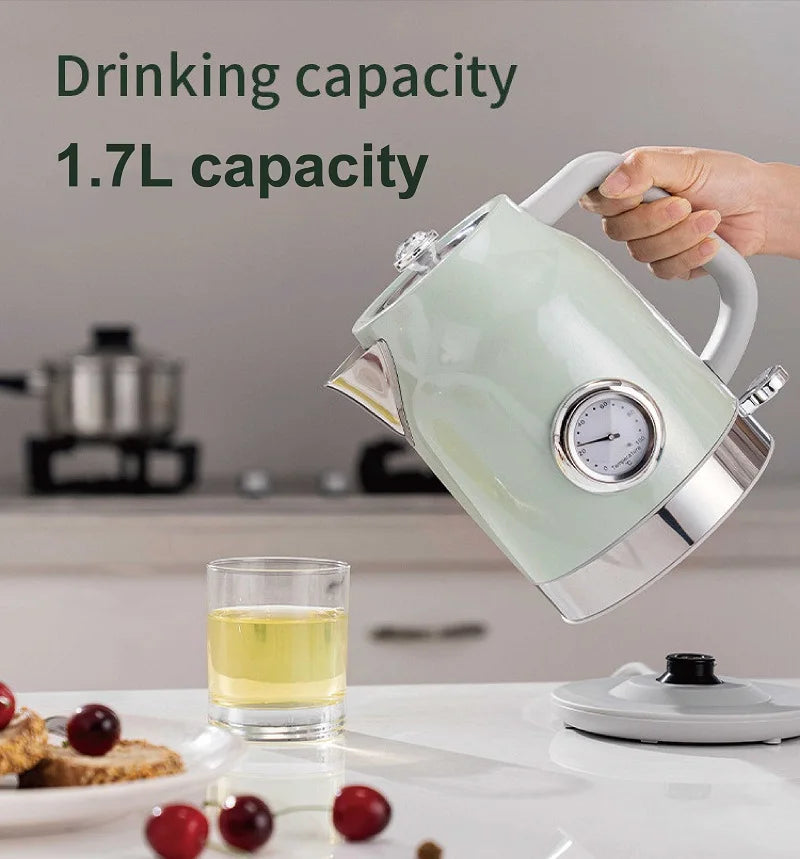 1.7L Electric Kettle with Retro Thermometer Fast Boiling, Stainless Steel, 1800W