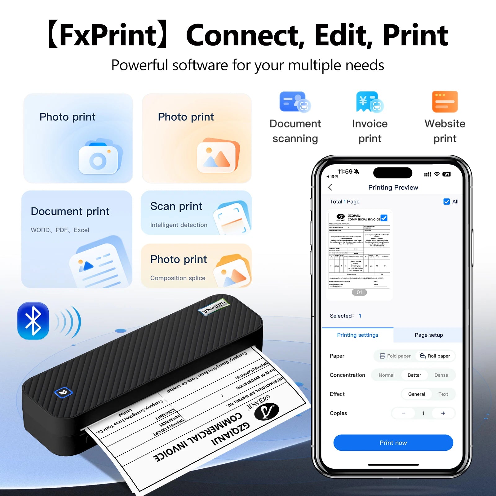 Rechargeable Wireless A4 Thermal Printer Inkless, Lightweight, BK for Home & Office