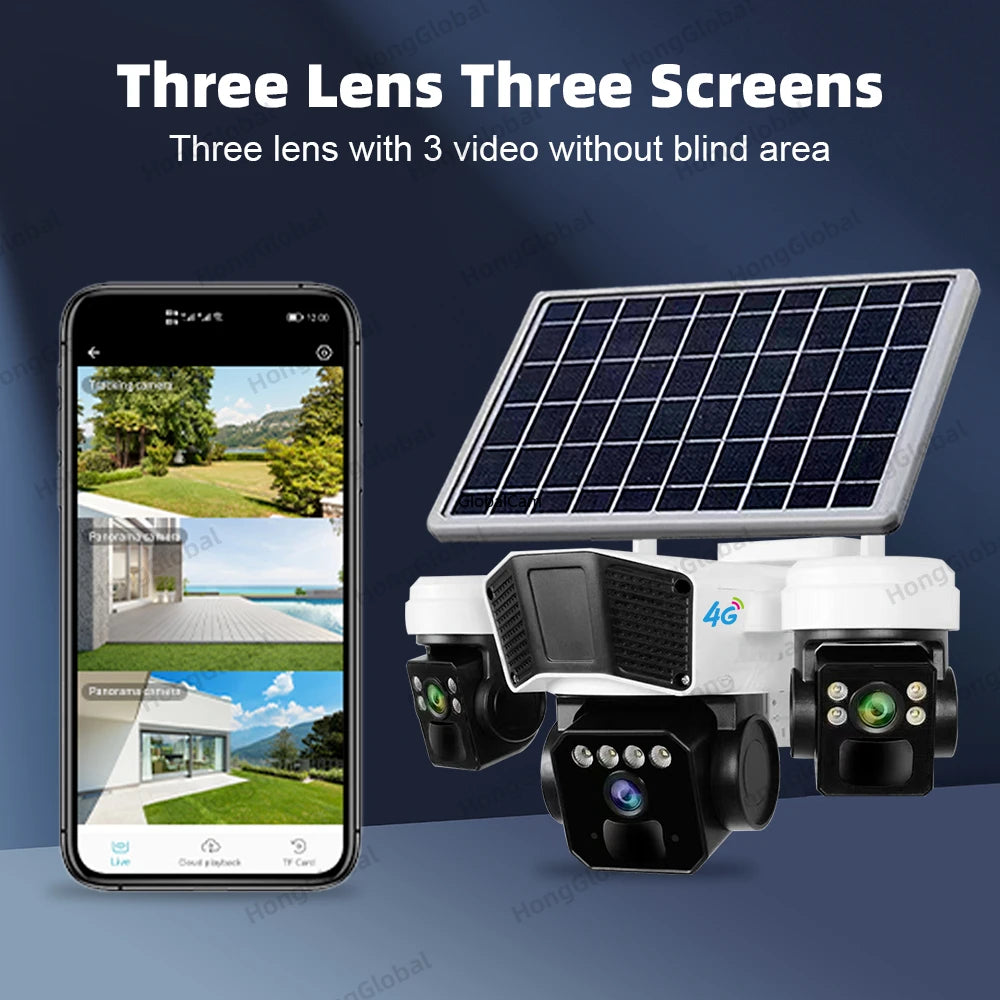 12MP 6K 4G Solar Security Camera with Triple Lens, Pan Tilt, and Night Vision