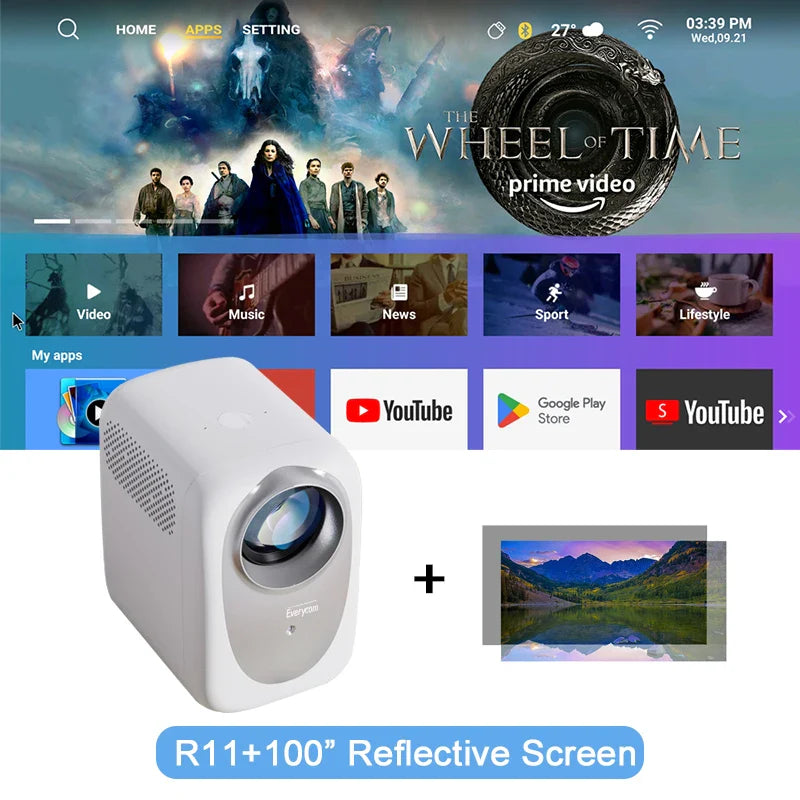 1080p Android Projector with 100" Screen, 8000 Lumens, 5G WiFi, Bluetooth