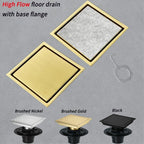 Brushed Gold Bathroom Drain, 15x15cm, Anti-Odour Design