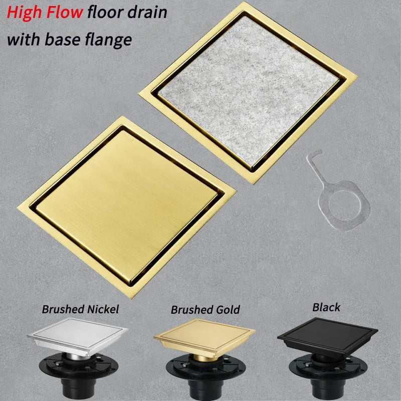 Brushed Gold Bathroom Drain, 15x15cm, Anti-Odour Design