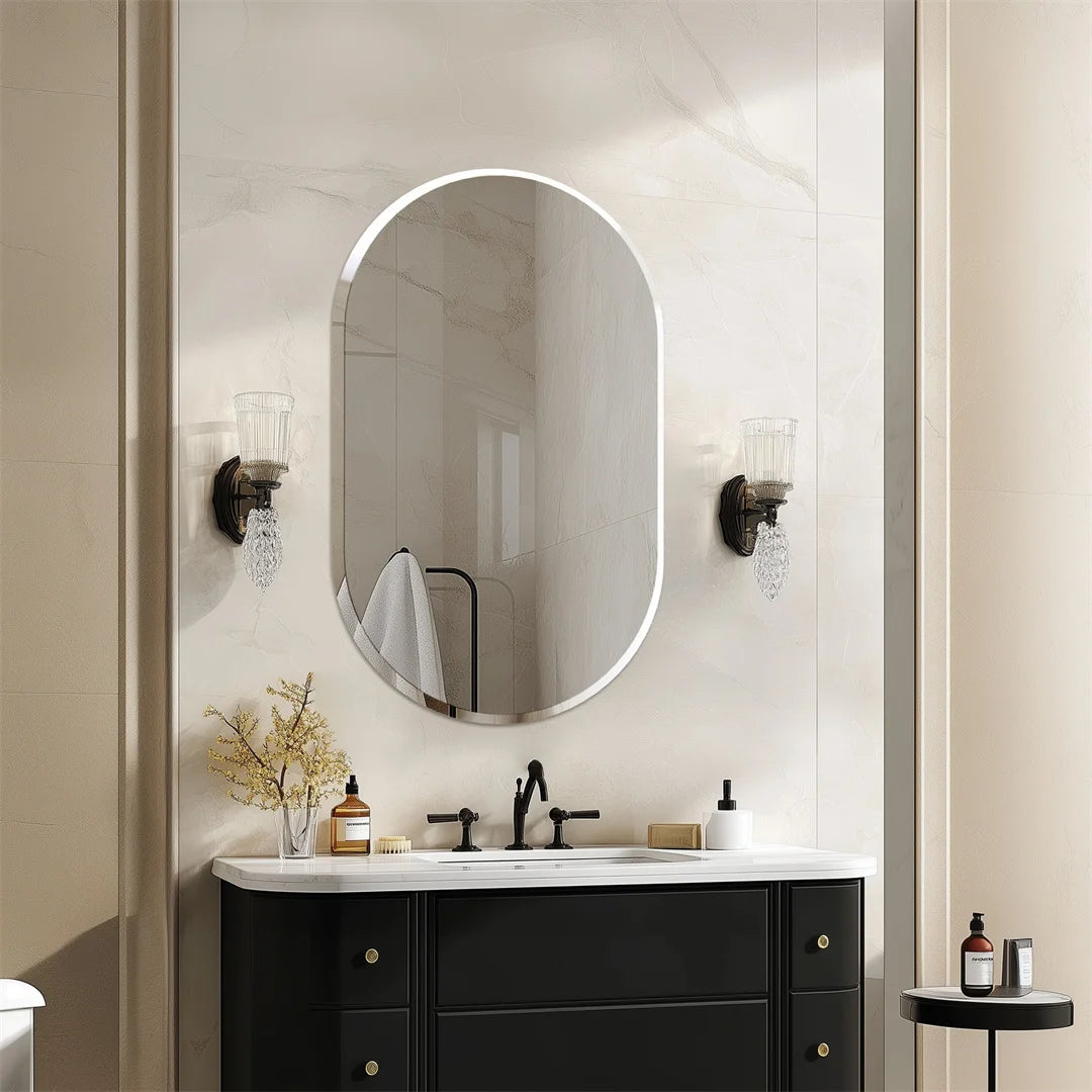 Frameless Oval Wall Mirror 80x50cm Beveled Edge, Modern Bathroom Vanity Style
