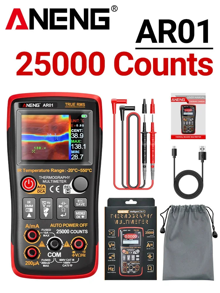 2-in-1 Thermal Imaging Multimeter – 1000V, 25000 Counts, USB-C Rechargeable, 2.4" TFT Display