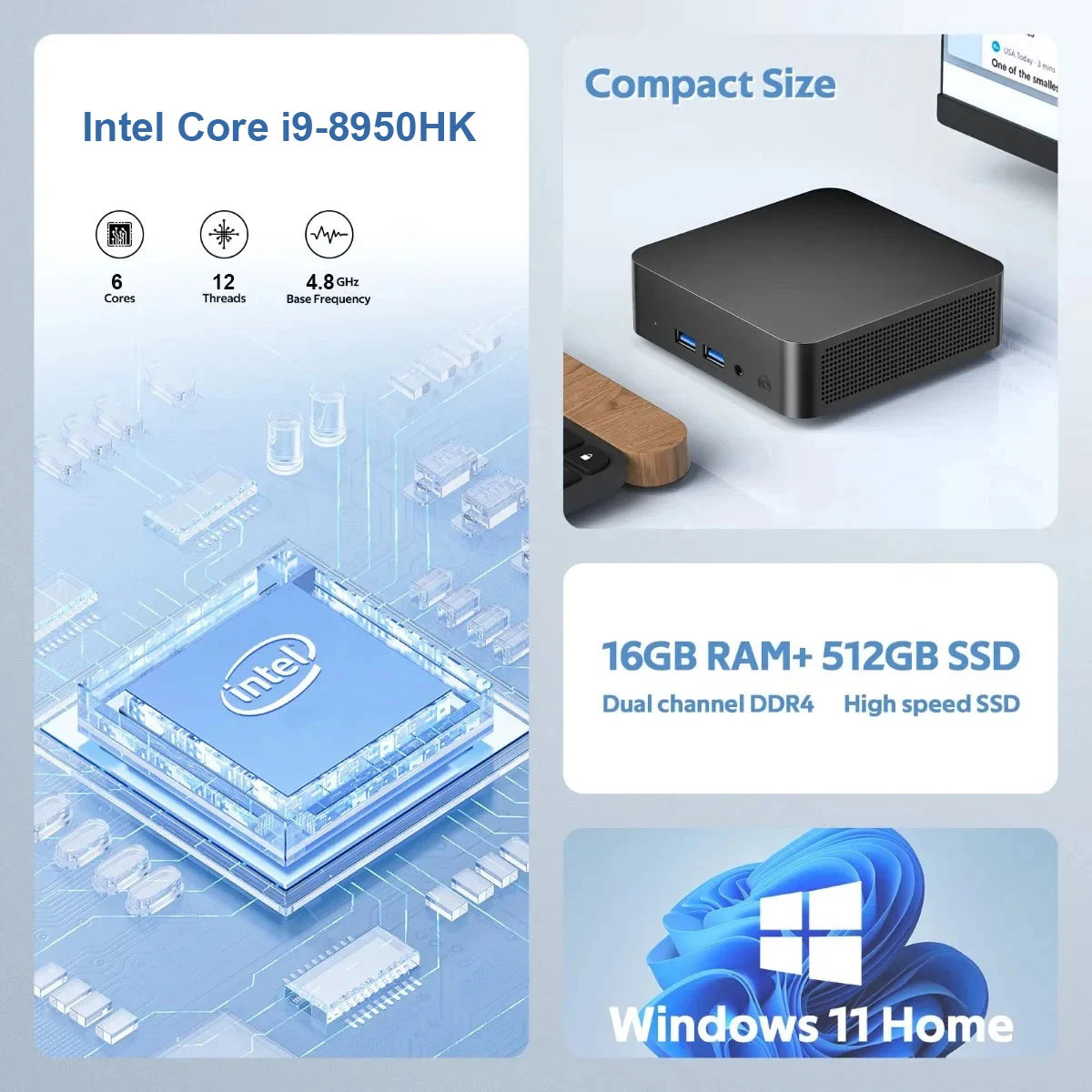 Mini Desktop PC Portable Intel i9 16GB RAM 1TB SSD Black