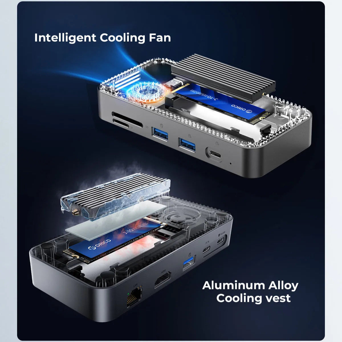 10-in-1 USB-C Dock with M.2 NVMe/SATA SSD Enclosure, 4K HDMI, RJ45, Cooling Fan, 100W PD