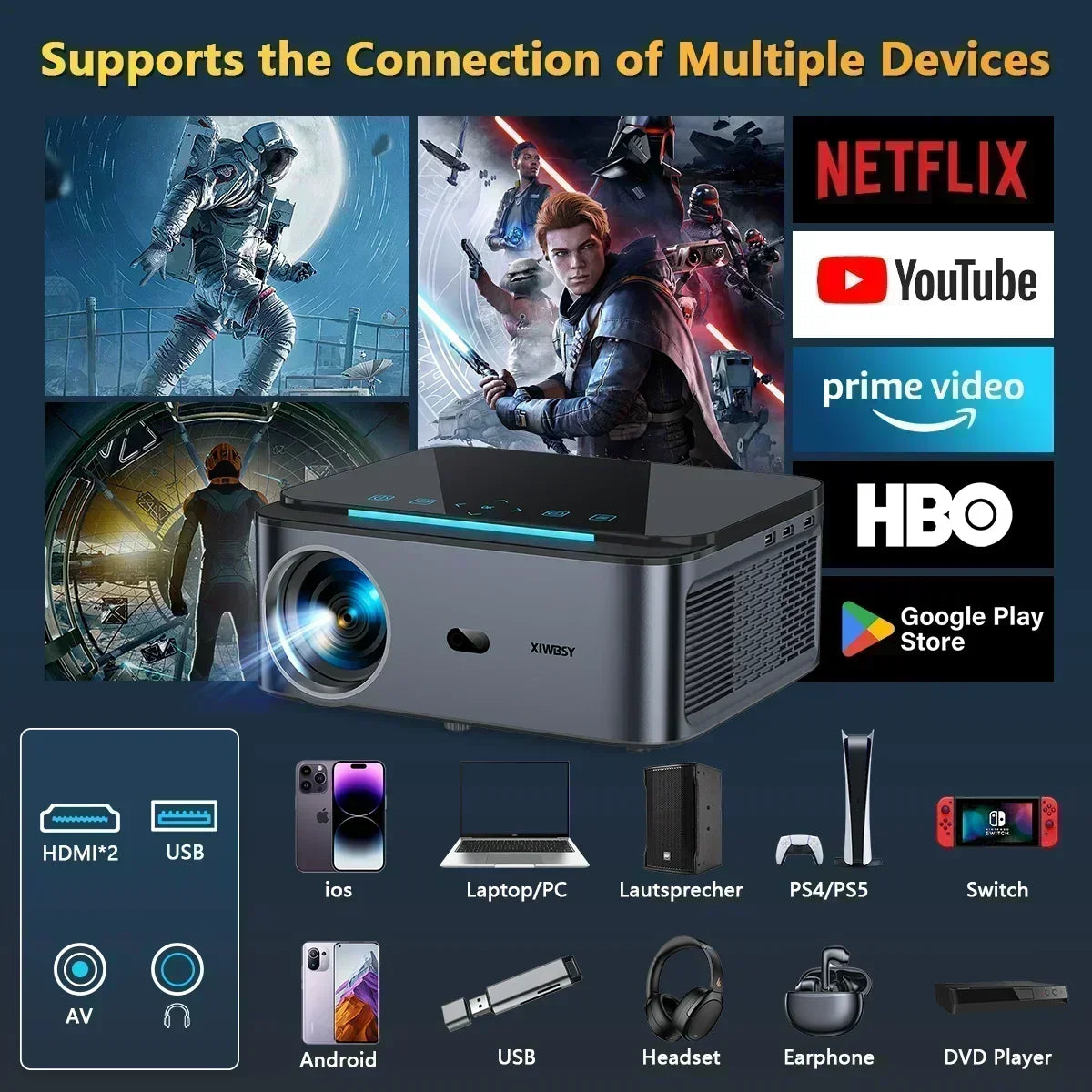 8K Home Projector with Android 9 and Manual Focus