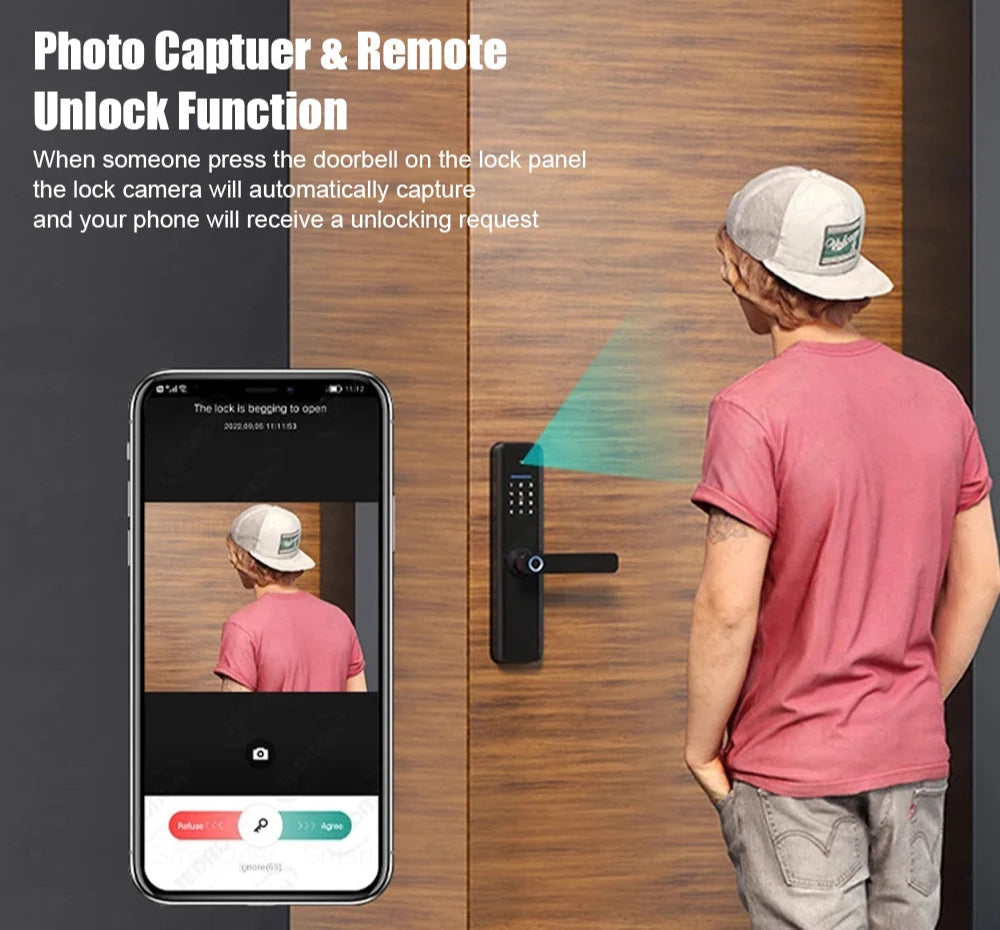 Smart Electronic Door Lock with Fingerprint, PIN, Card, App & Camera