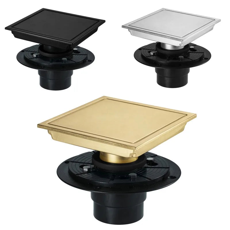 Brushed Gold Bathroom Drain, 15x15cm, Anti-Odour Design