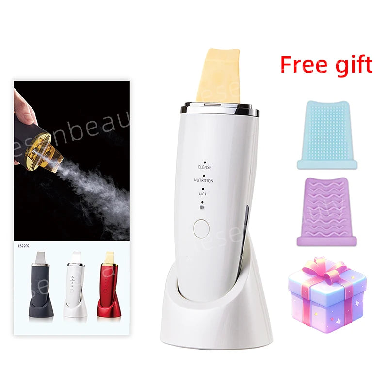 2-in-1 Ultrasonic Skin Exfoliator with Ion Therapy & EMS Lifting – White with Charging Base