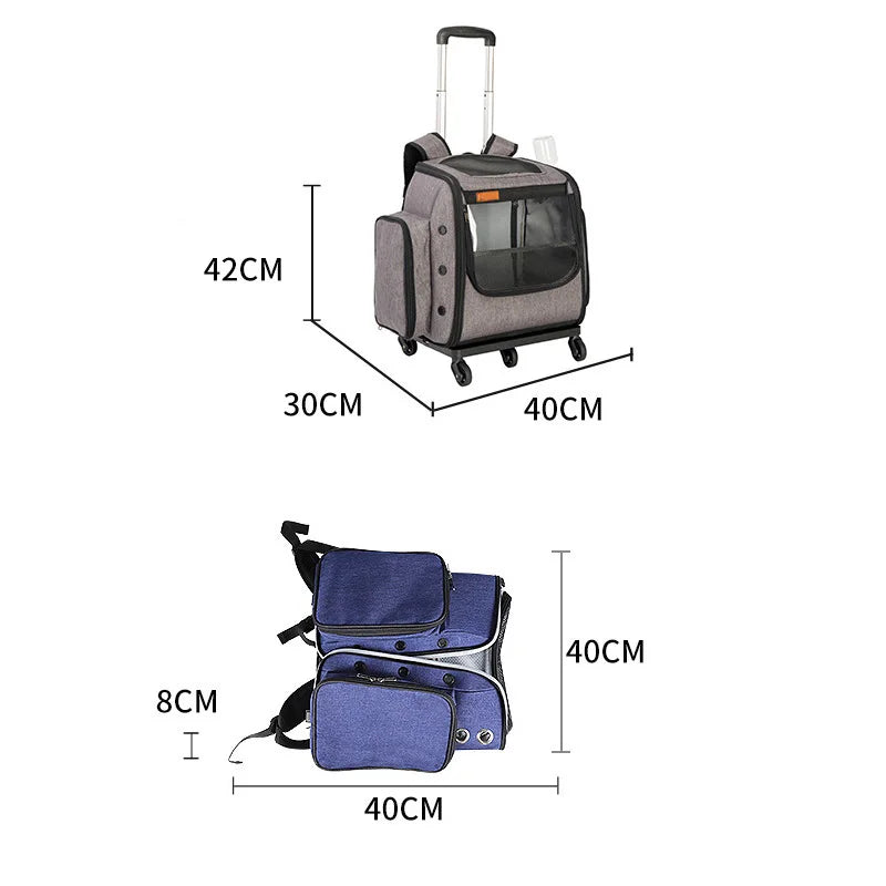 Portable Folding Pet Travel Carrier with Trolley Wheels Includes Food Bowl, 42×40×30cm