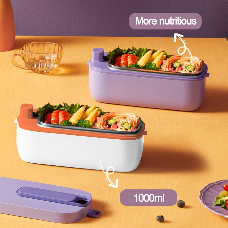 1L Portable Electric Lunch Box with Stainless Steel Liner and Wireless Food Warmer