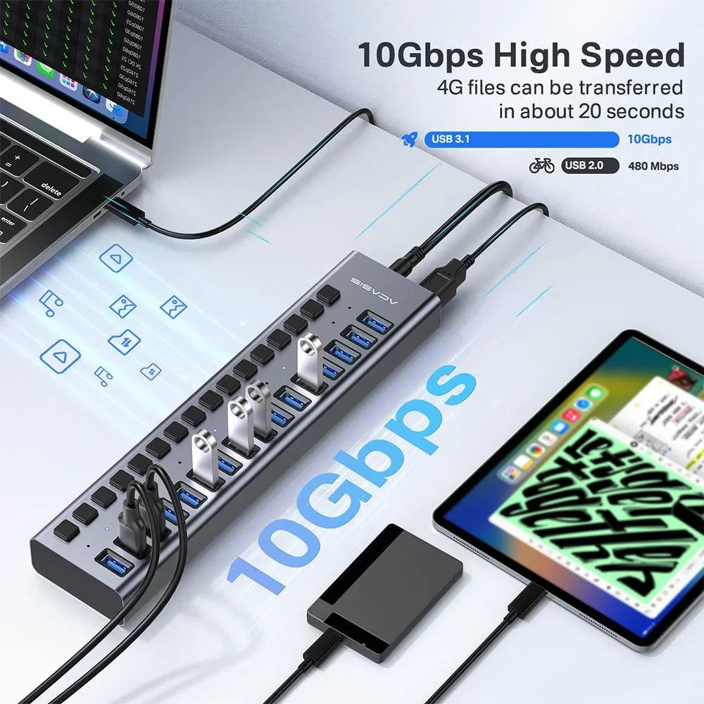16-Port USB 3.1 Hub with Power and Switches