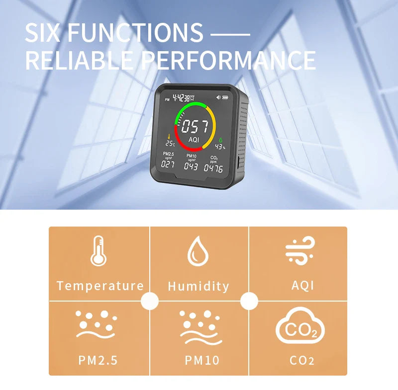 Smart WiFi 6-in-1 Air Quality Monitor with LCD - PTH-9AW