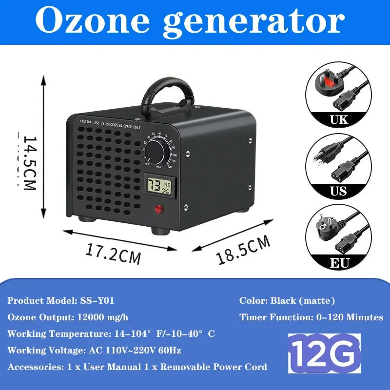 Heavy Duty 12000mg Ozone Generator Compact Air Cleaner for Large Rooms, Office & Car Use