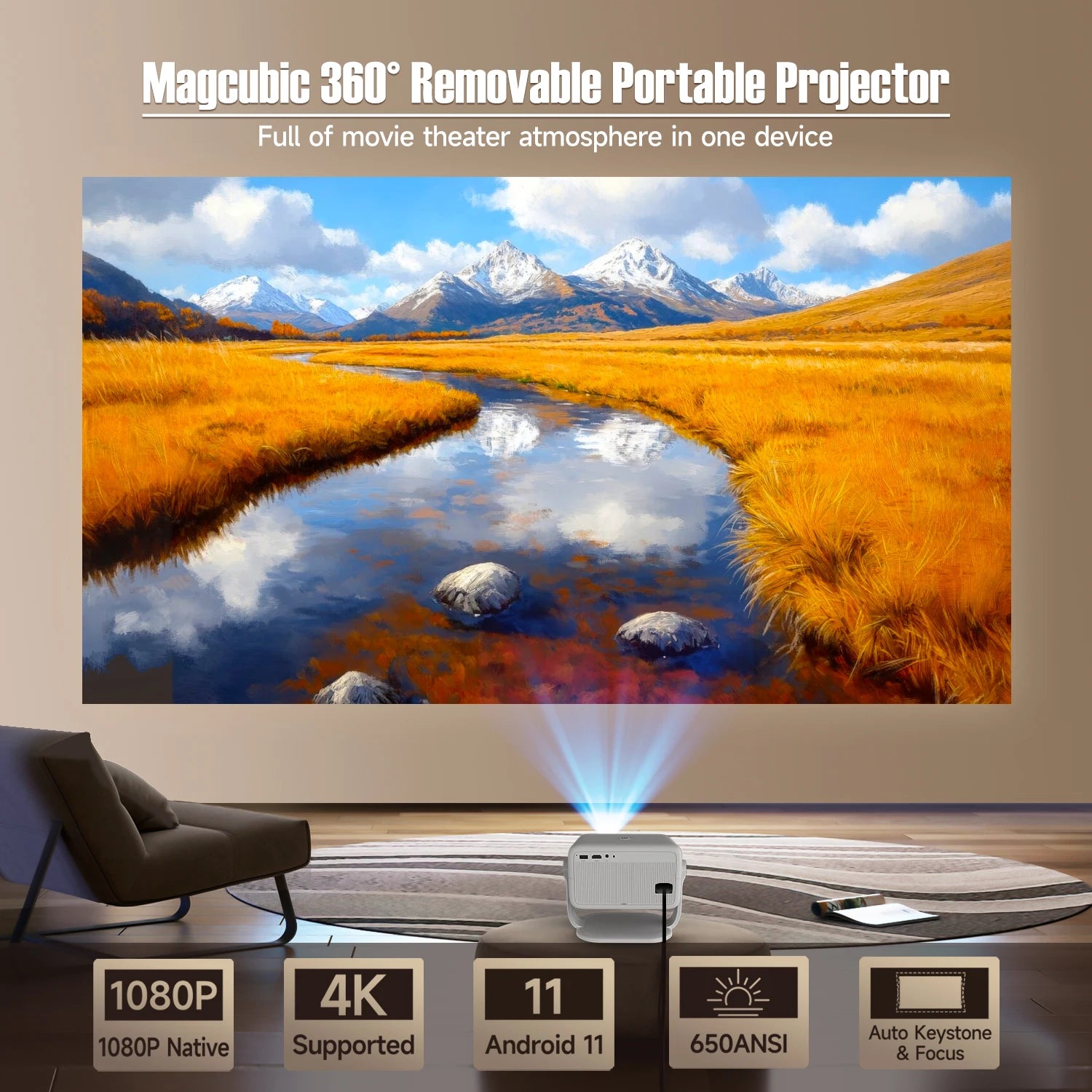 1080P Smart Projector with Auto Focus WiFi Bluetooth